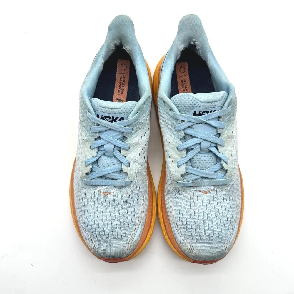 Hoka One One Clifton 8 Summer Song/Ice Flow Women Running Shoes Blue Orange 8.5